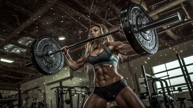 Muskulöse Frau beim Gewichtheben im Fitnessstudio