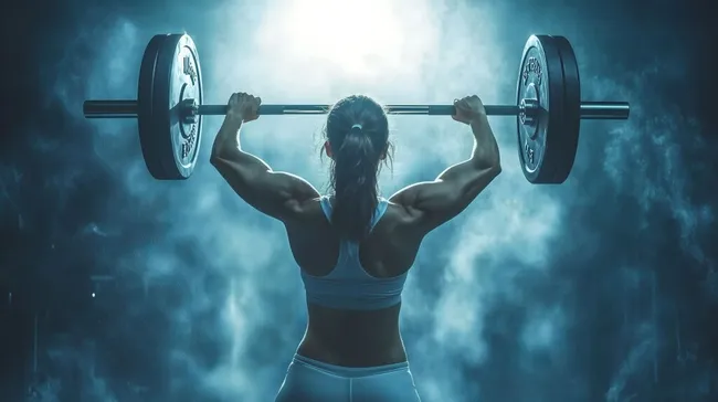 Muskulöse Frau hebt Langhantel im mystischen Nebel