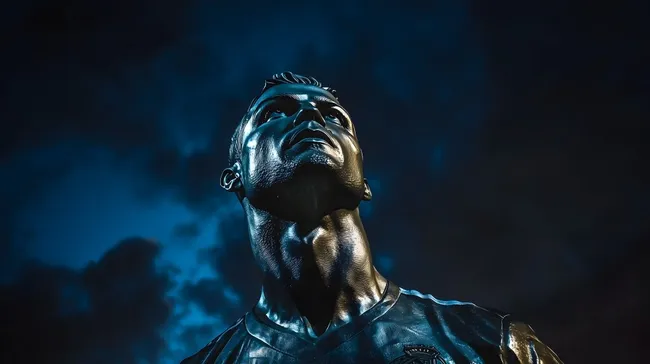 Muskulöse Statue in blauem Licht bei Nacht