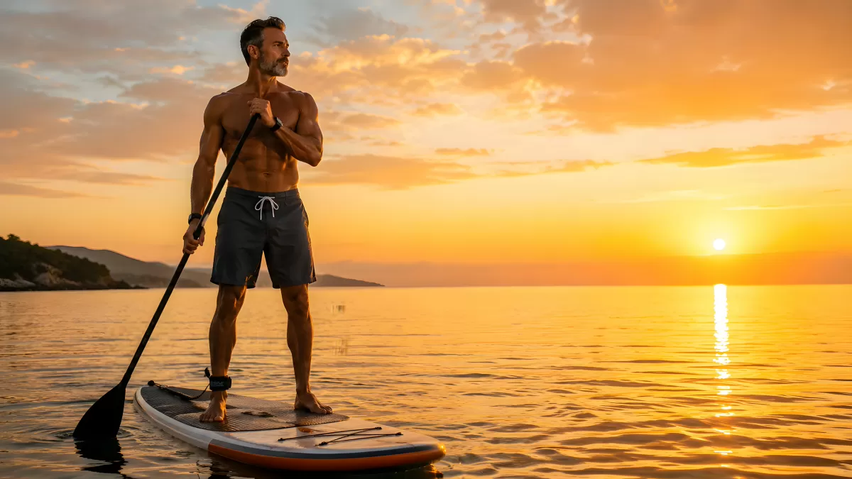 Muskulöser Mann auf Stand-up-Paddle-Board bei Sonnenuntergang