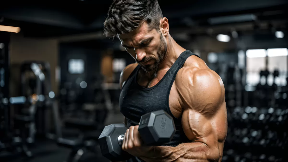 Muskulöser Mann beim Bizeps-Curl mit Kurzhantel im Gym