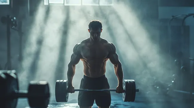 Muskulöser Mann beim Gewichtheben im Fitnessstudio