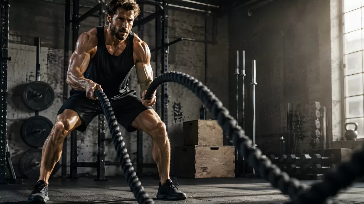 Muskulöser Mann mit Battle Ropes beim Training