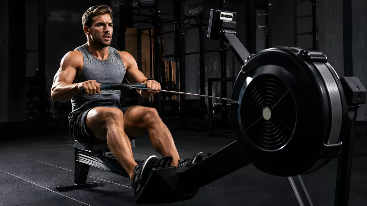 Muskulöser Mann trainiert auf Rudergerät im Fitnessstudio