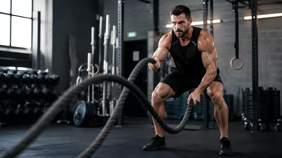 Muskulöser Mann trainiert mit Battle Ropes im Gym