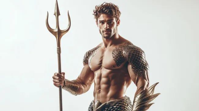 Muskulöser Meermann mit Dreizack und Fischschuppen