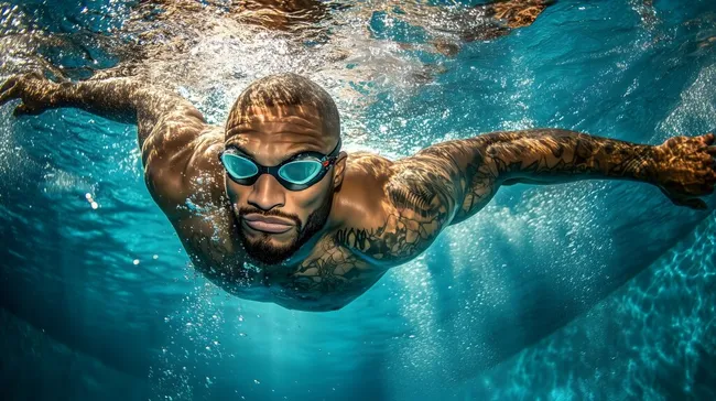 Muskulöser Schwimmer durchquert Klares Gewässer