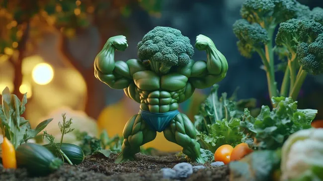 Muskulöser Superheld-Brokkoli mit Gemüse