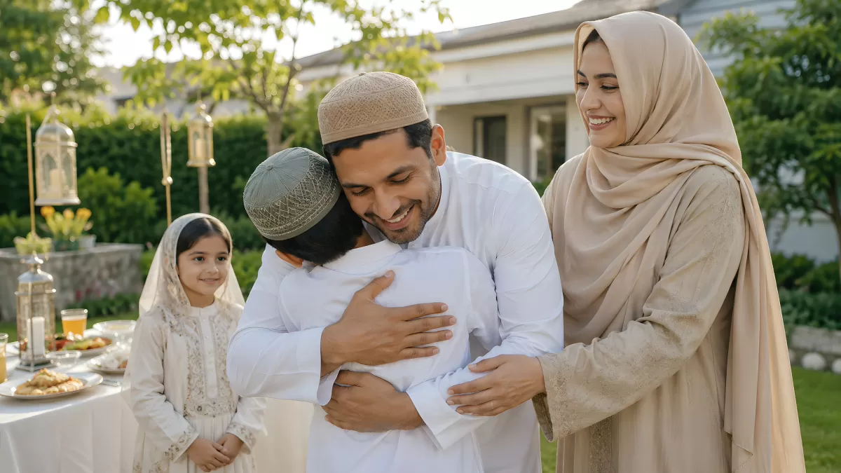 Muslimische Familie feiert Eid mit herzlicher Umarmung