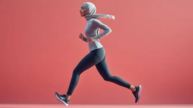 Muslimische Frau beim Joggen auf rotem Hintergrund
