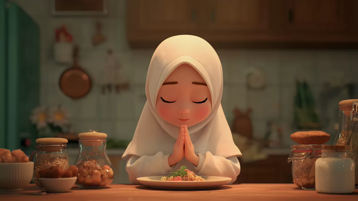 Muslimisches Mädchen betet andächtig in der Küche