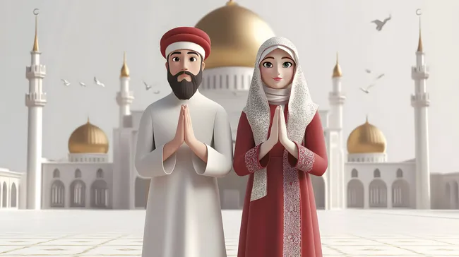 Muslimisches Paar in traditioneller Kleidung vor Moschee