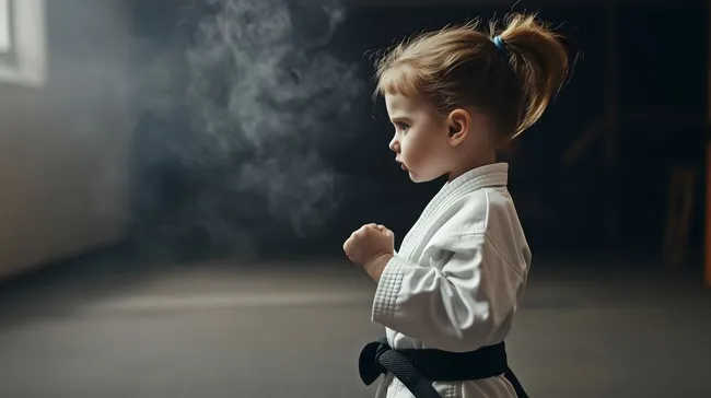 Mutig und konzentriert: Junges Mädchen im Kampfkostüm