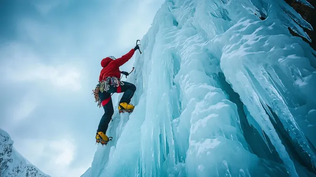 Mutiger Eiskletterer an eisiger Felswand