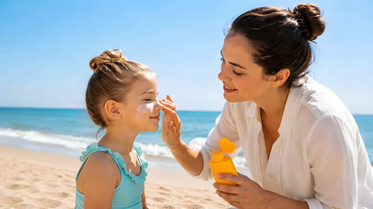 Mutter cremt Kind mit Sonnenschutz am Strand ein