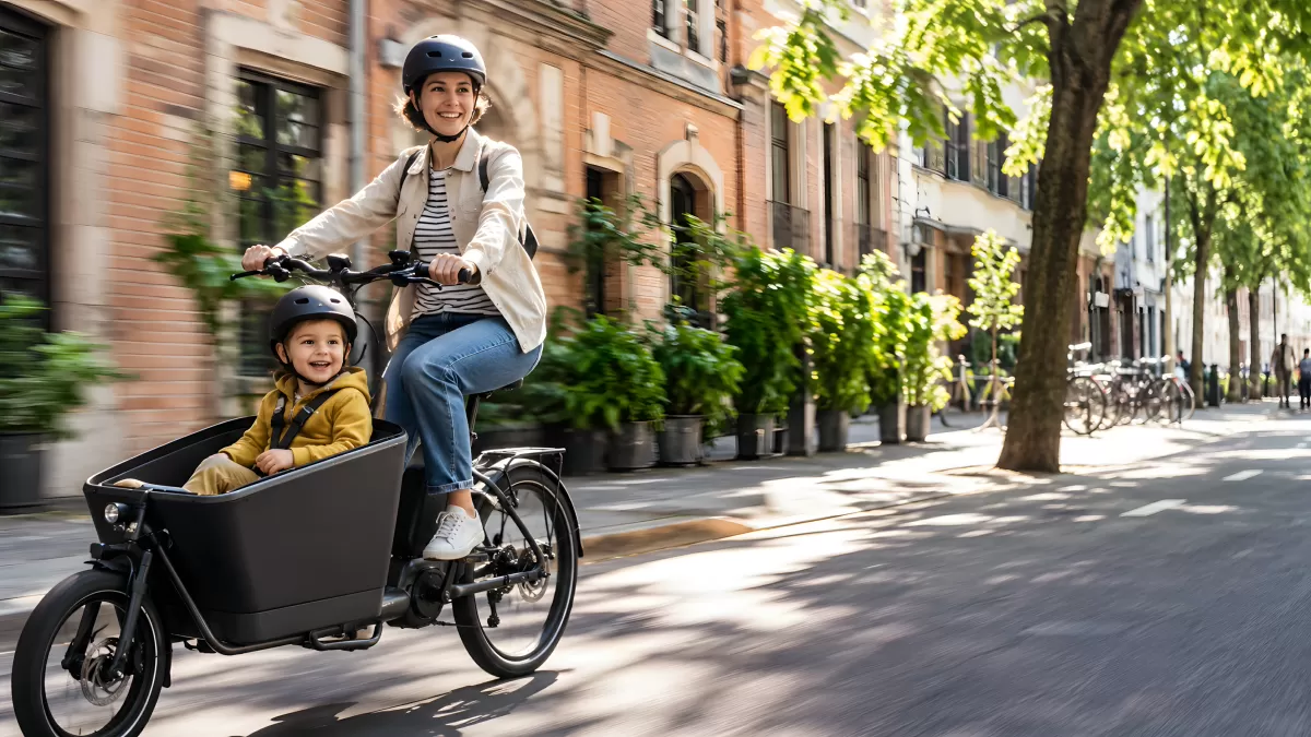 Mutter fährt mit Kind im Lastenrad durch die Stadt