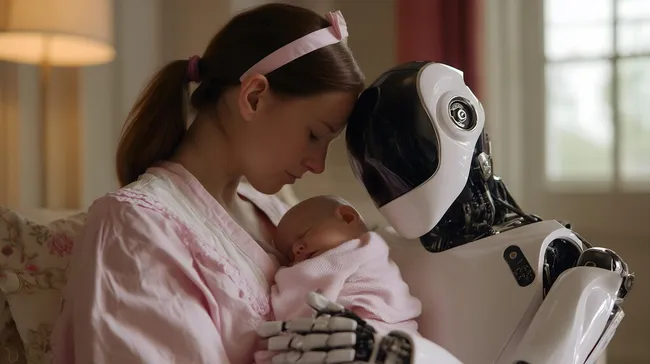 Mutter hält ihr Baby in liebevoller Umarmung neben Pflegeroboter