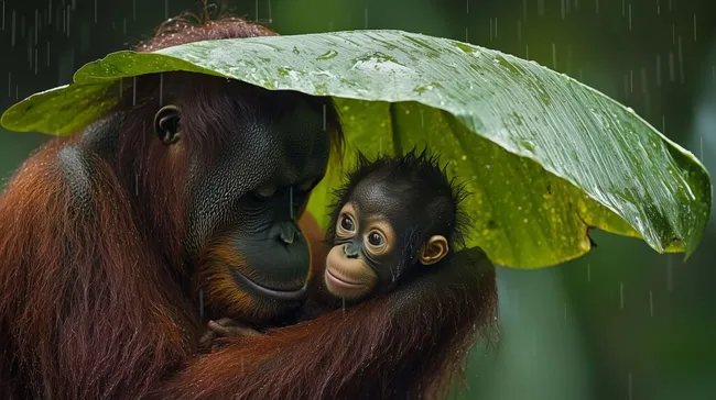 Mutter-Kind-Beziehung im Regenwald: Orang-Utan-Familie im Schutz des Blattes