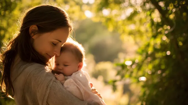 Mutter mit Baby im sommerlichen Garten