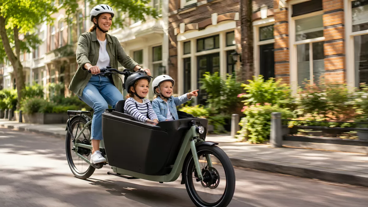 Mutter mit zwei Kindern auf dem Lastenrad in der Stadt