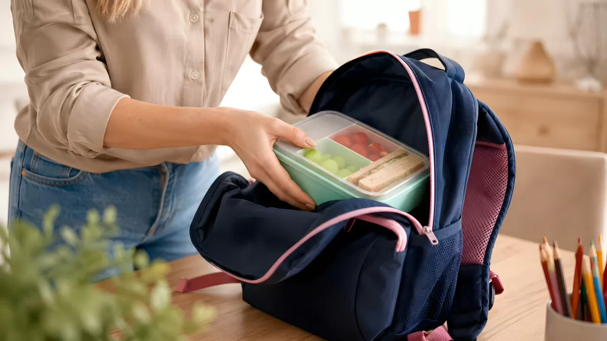 Mutter packt Lunchbox in Schulrucksack am Tisch
