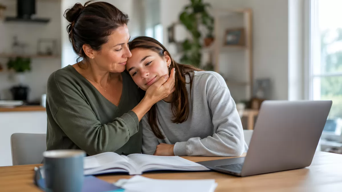 Mutter tröstet Tochter beim Lernen am Laptop
