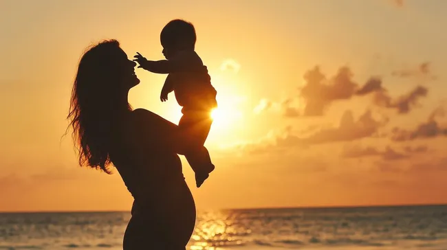 Mutter und Baby am romantischen Sonnenuntergang