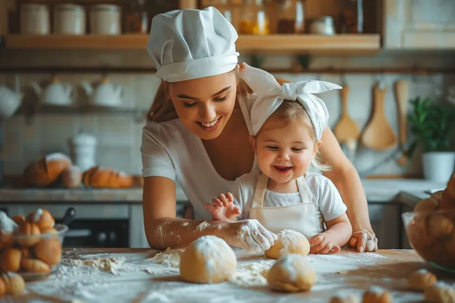 Mutter und Kind backen Brot zusammen in der Küche