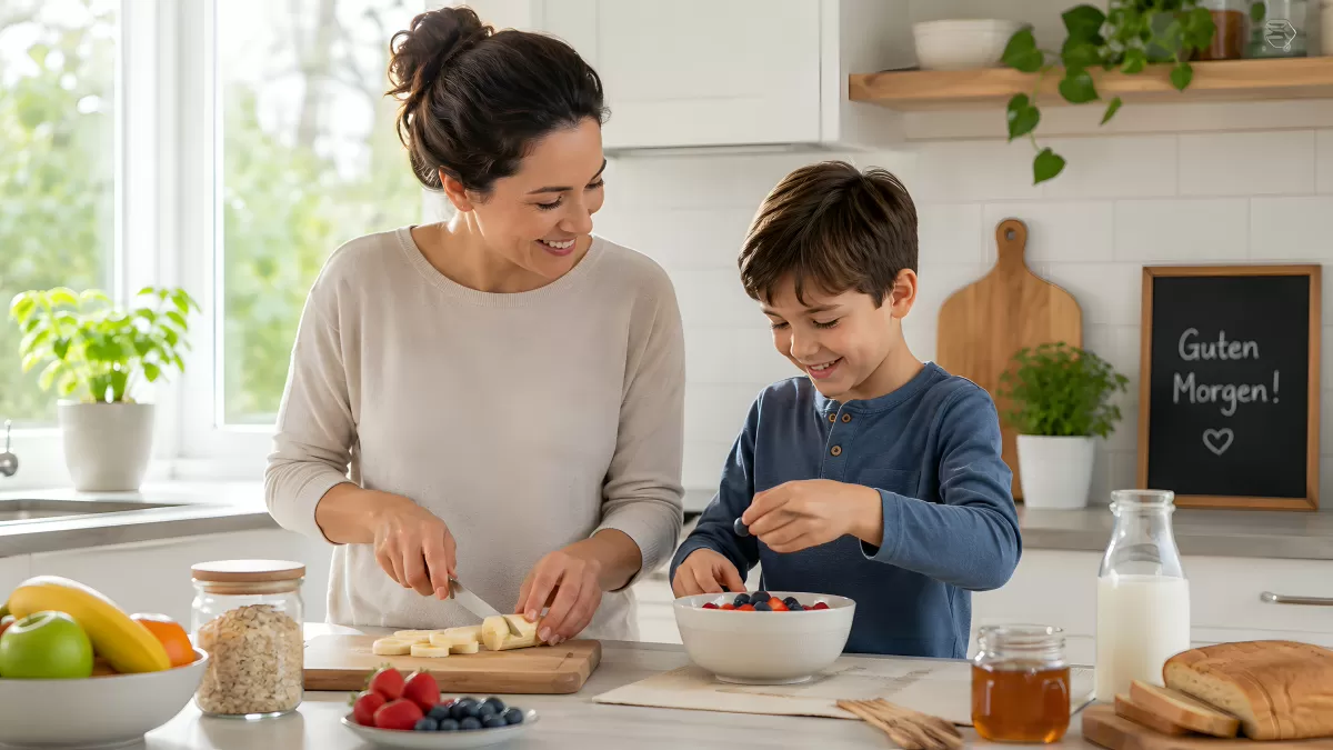 Mutter und Kind bereiten gemeinsam Frühstück zu