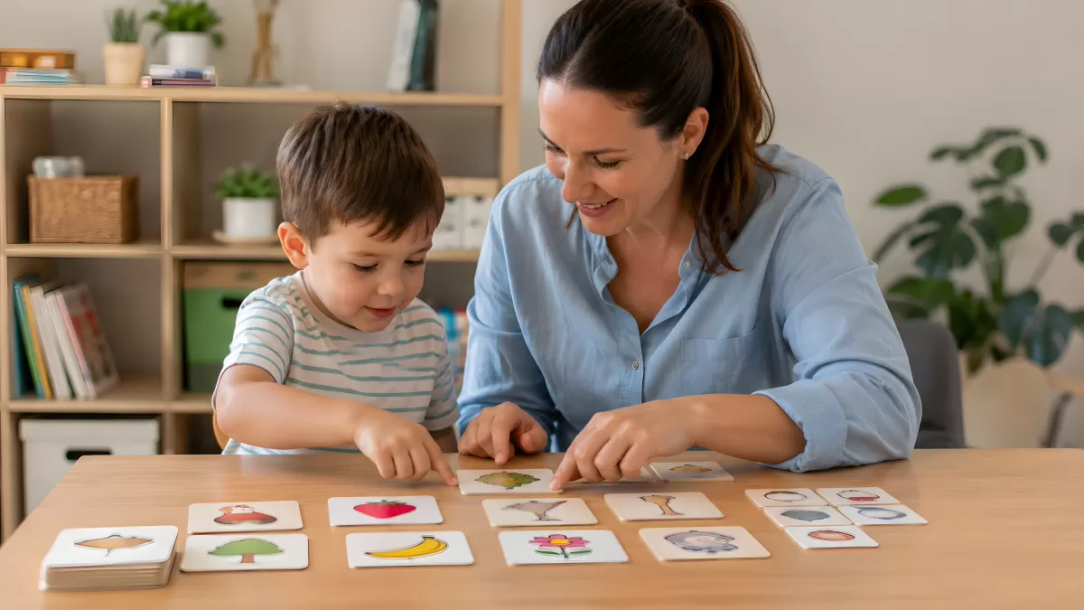 Mutter und Kind spielen gemeinsam mit Bildkarten