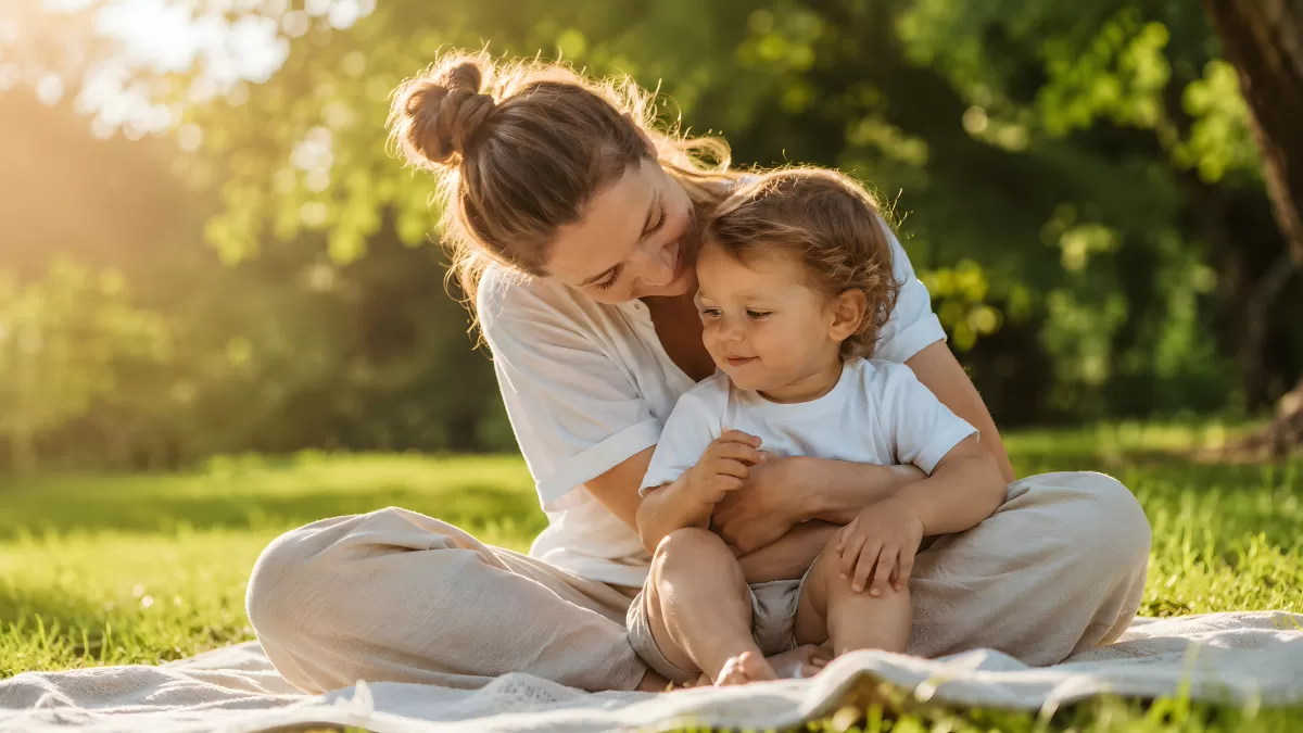 Mutter und Kleinkind auf Wiese im Sonnenlicht