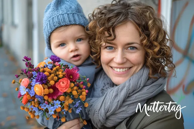 Mutter und Kleinkind mit buntem Blumenstrauß