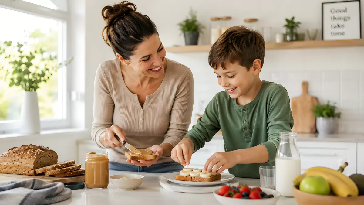 Mutter und Sohn bereiten gemeinsam Frühstück zu