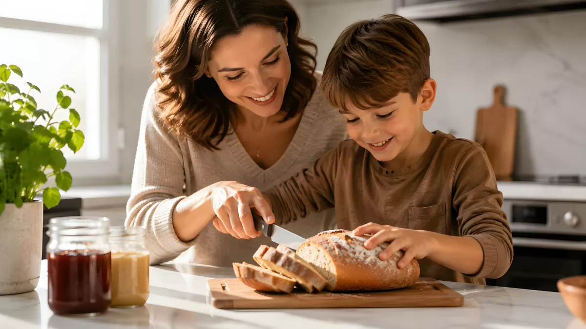 Mutter und Sohn schneiden gemeinsam Brot in Küche