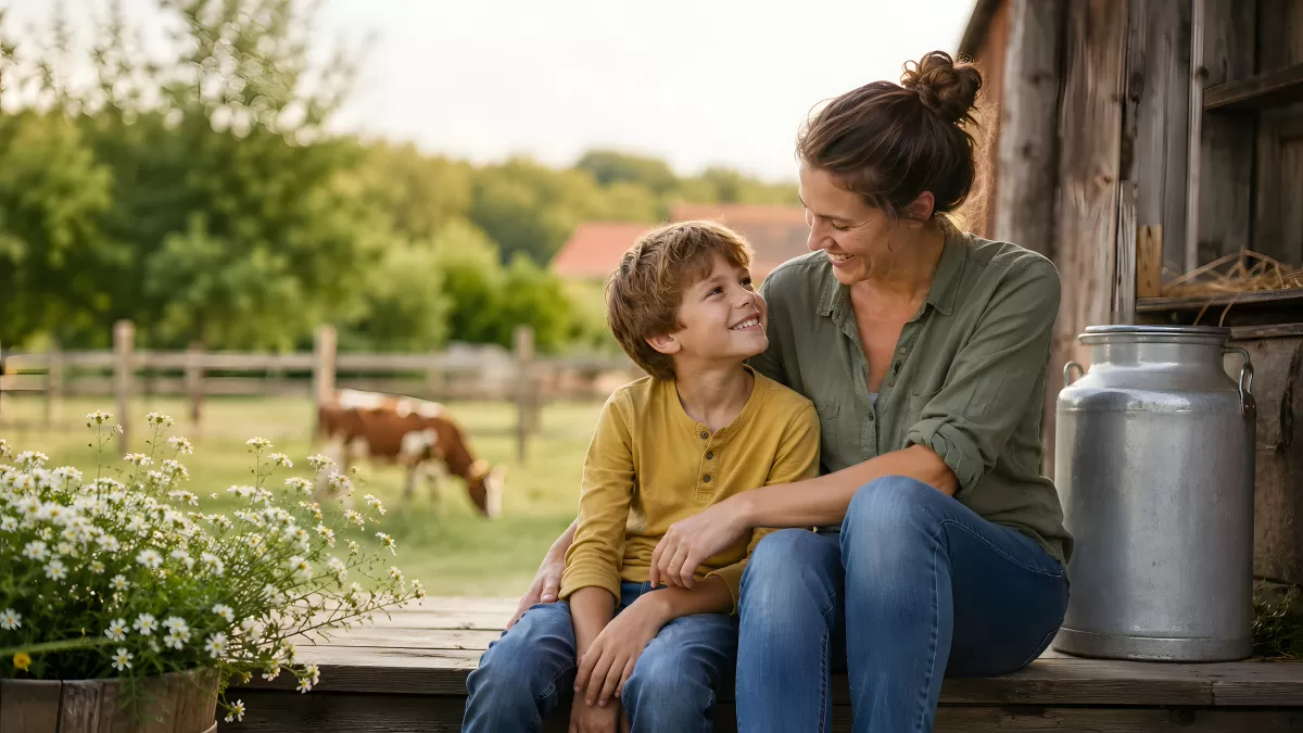 Mutter und Sohn sitzen lächelnd vor einem Bauernhof
