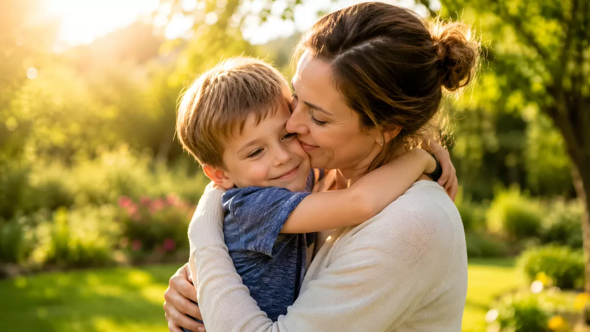 Mutter und Sohn umarmen sich innig im Garten