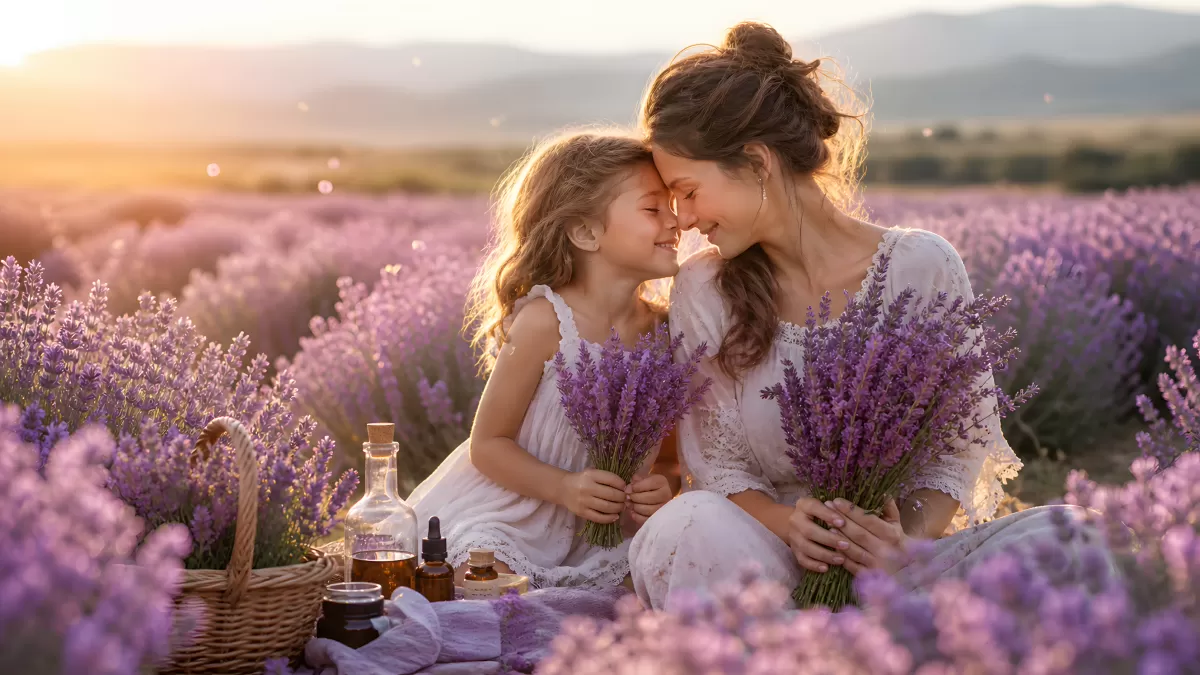 Mutter und Tochter im Lavendelfeld bei Sonnenuntergang
