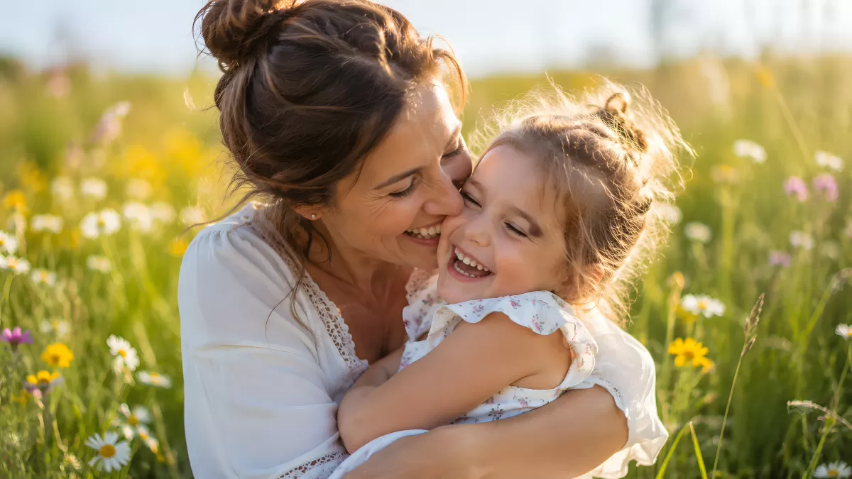 Mutter und Tochter lachen auf einer Blumenwiese
