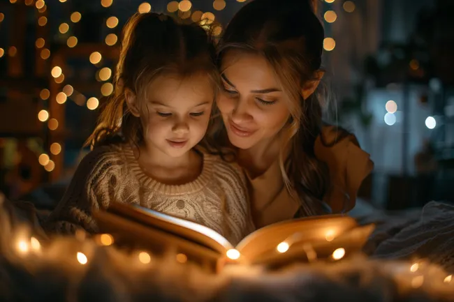 Mutter und Tochter lesen zusammen ein Buch am Abend