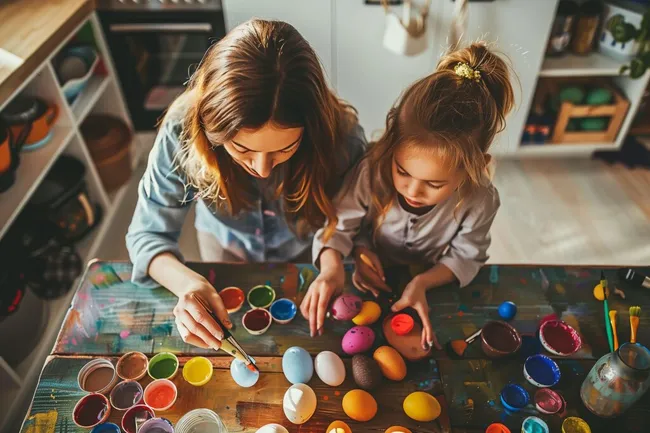 Mutter und Tochter malen Ostereier