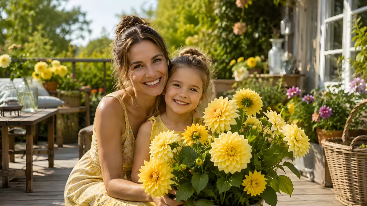 Mutter und Tochter mit gelben Dahlien im Garten