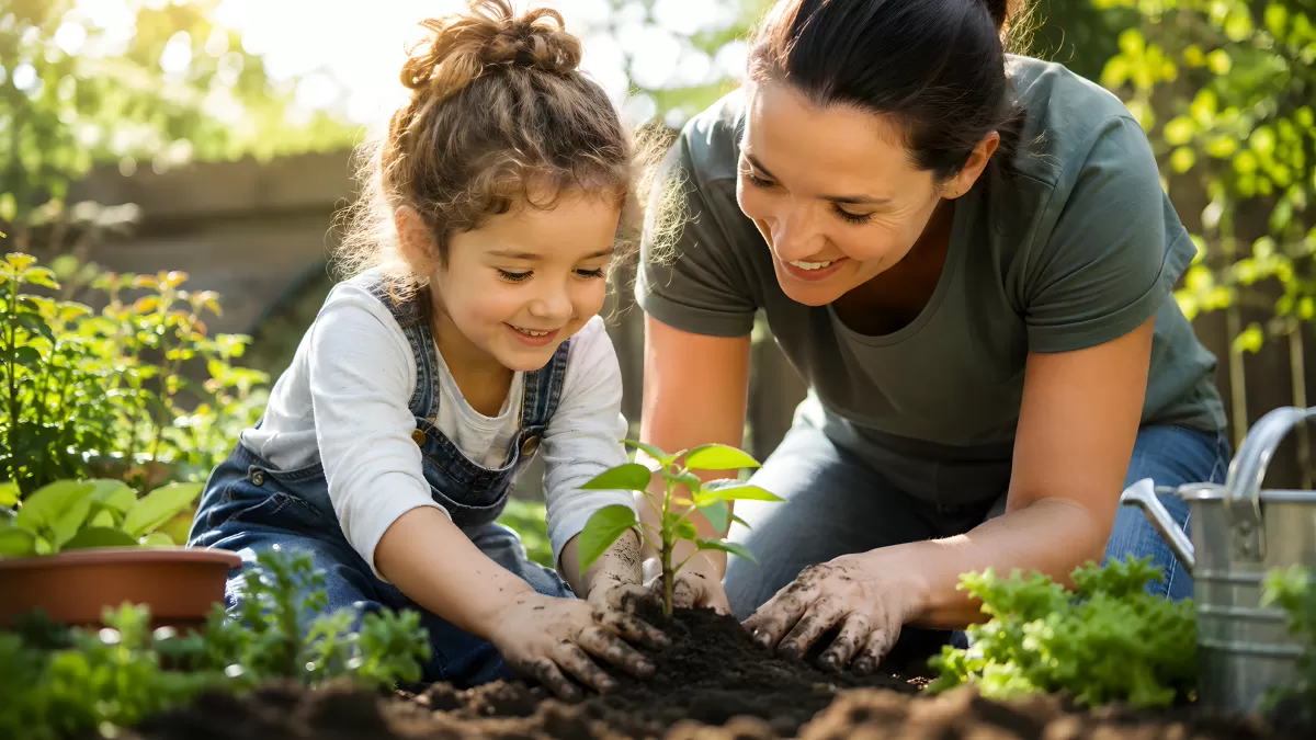 Mutter und Tochter pflanzen gemeinsam im Garten