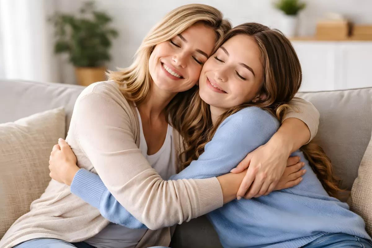Mutter und Tochter umarmen sich liebevoll auf dem Sofa