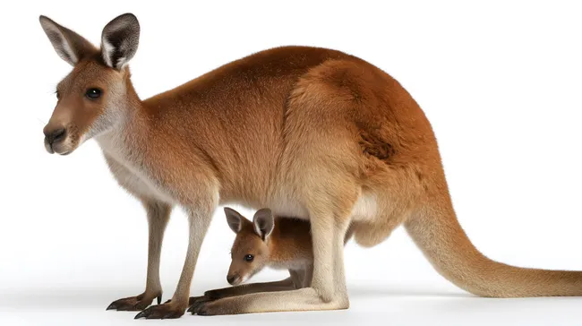 Mutterkänguru mit Jungtier im Beutel vor weißem Hintergrund