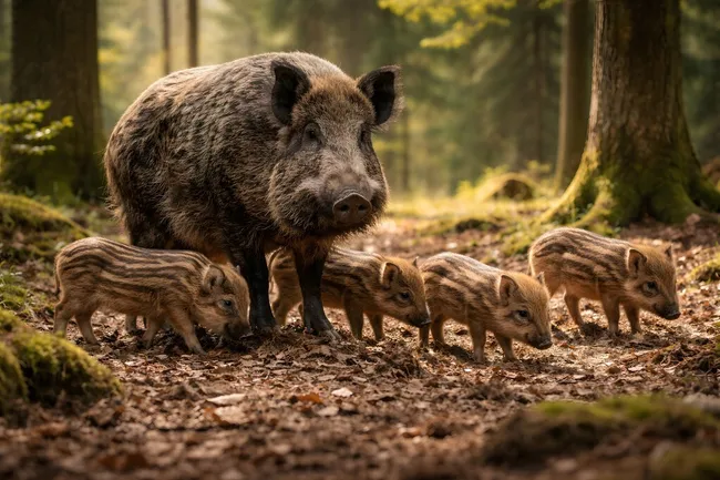 Mutterschwein und Ferkel in naturnahem Waldgebiet