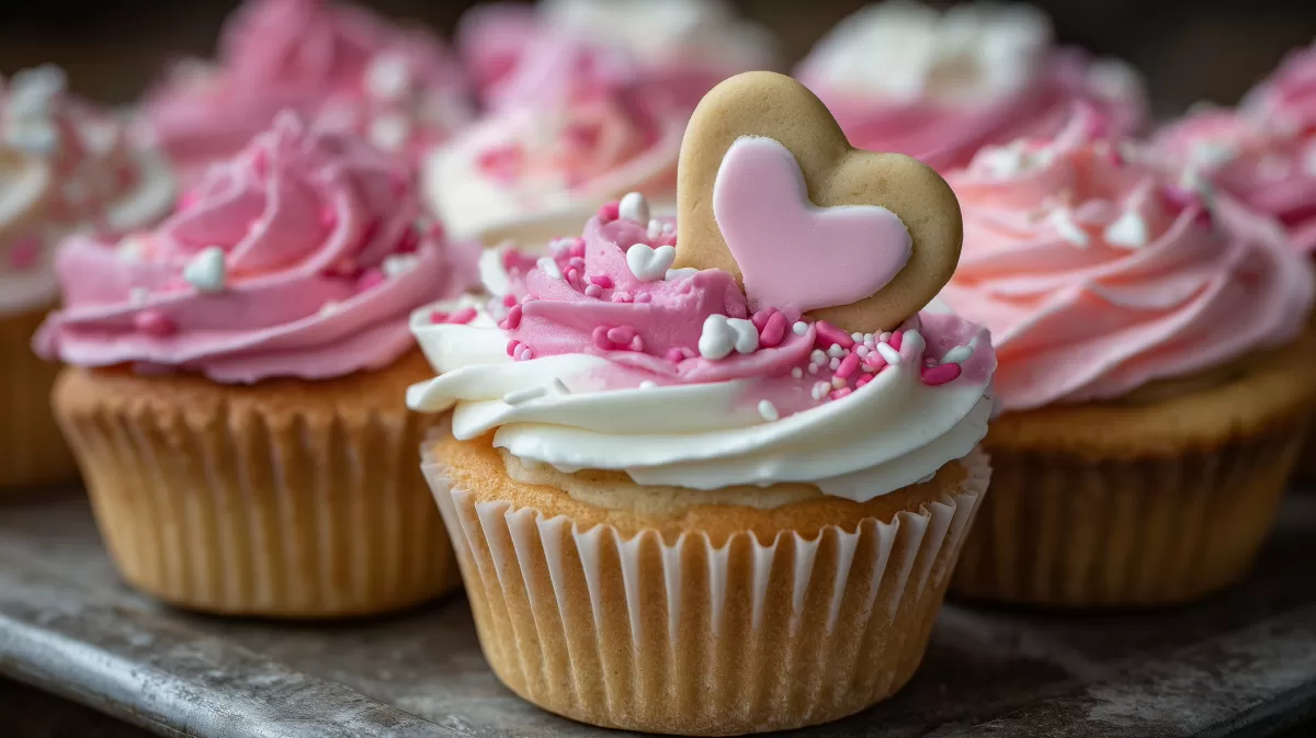 Muttertag Cupcakes mit herzförmigem Keks rosa-weiß