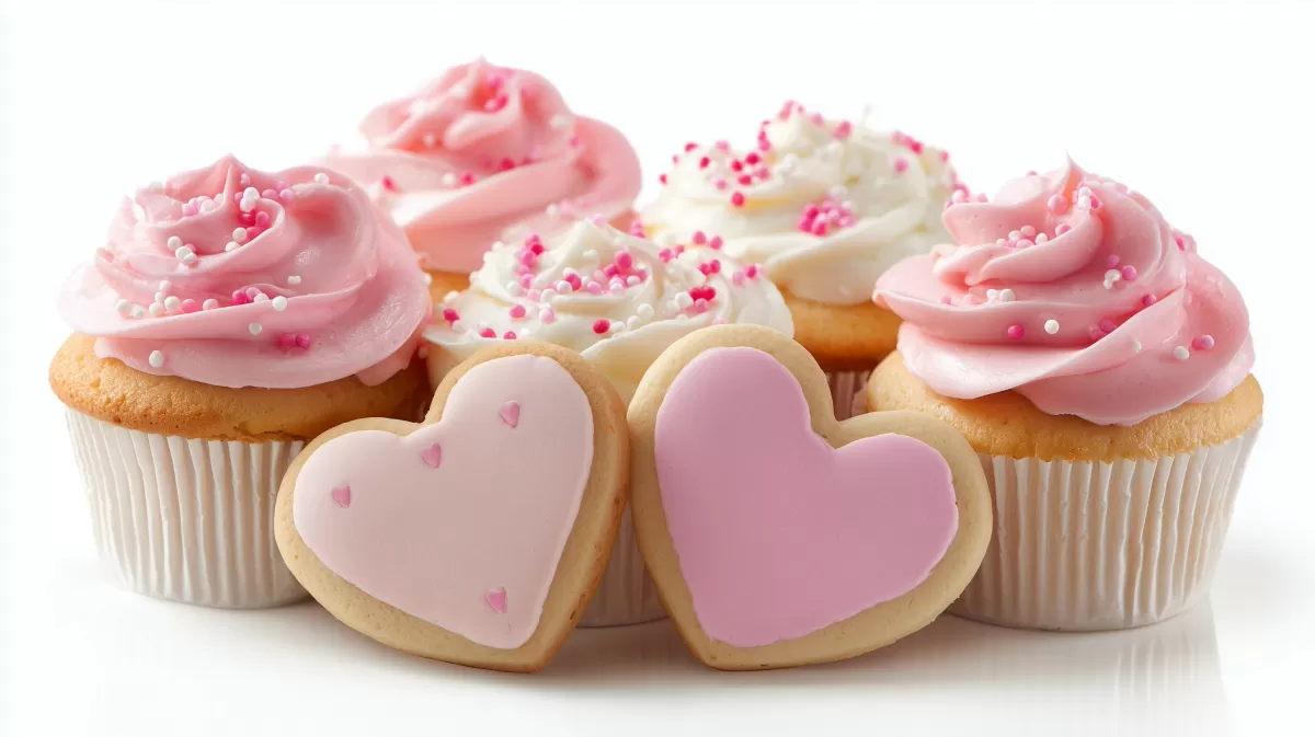 Muttertag Cupcakes mit herzförmigen Keksen rosa-weiß