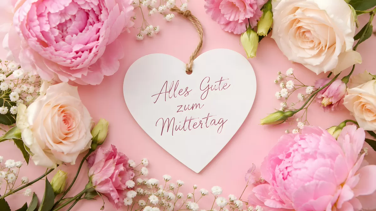 Muttertag Herz mit Pfingstrosen und Rosen auf Rosa