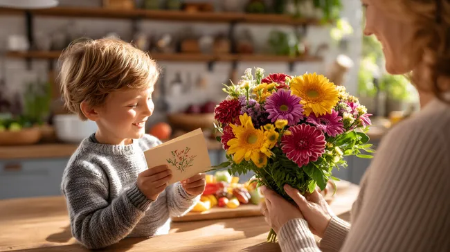 Muttertag: Junge schenkt Mutter Blumenstrauß mit Karte
