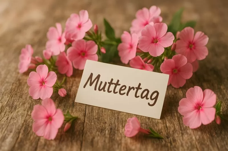 Muttertag Karte mit rosa Blumen auf Holzhintergrund